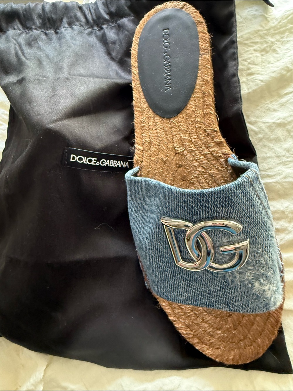 Dolce & Gabbana Denim Slide Sandals with Gold Logo - Picture 6 of 6